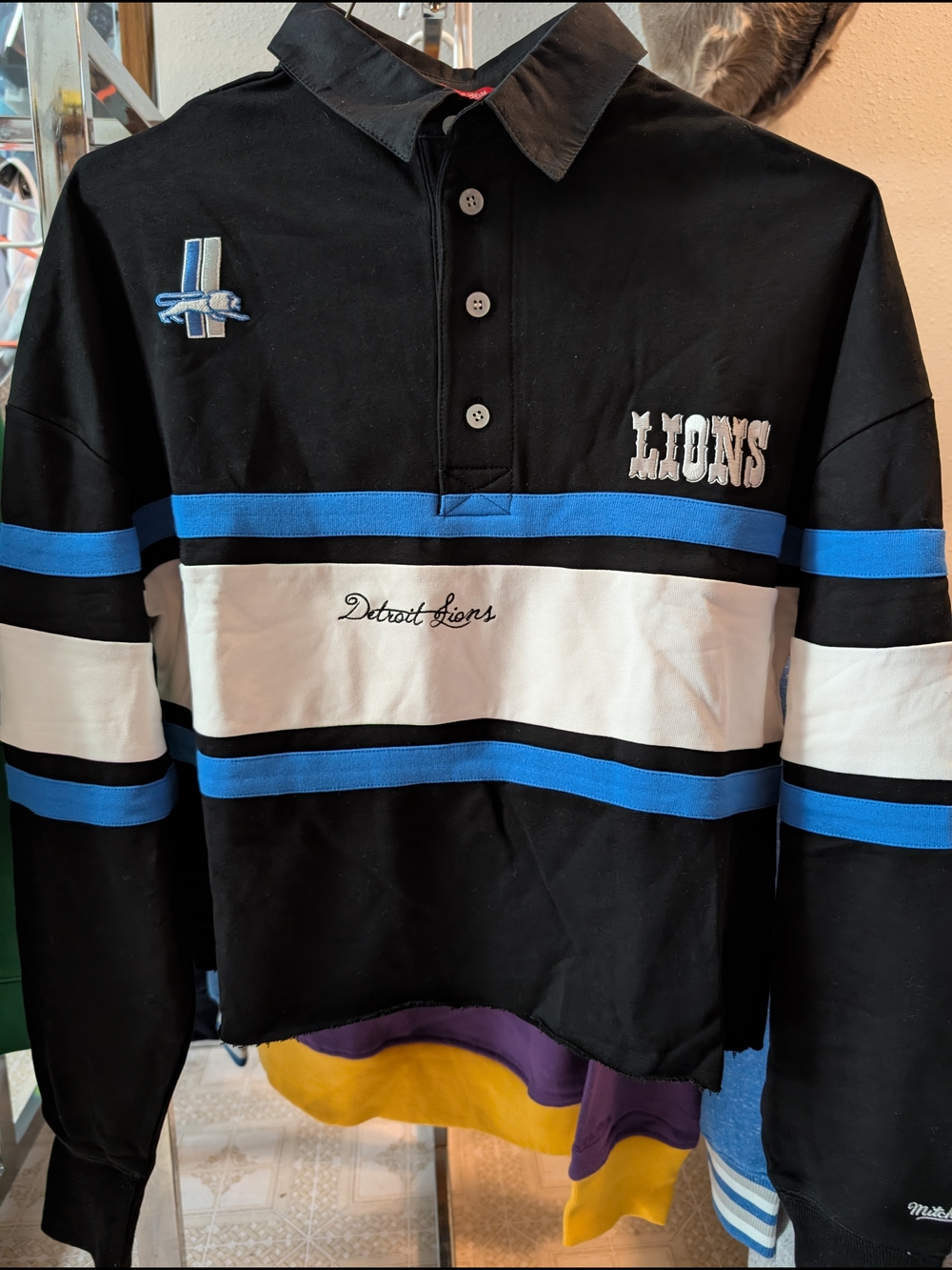 Mitchell & Ness Black Blue White Detroit Lions 1/4 Button Long Sleeve Crop Top